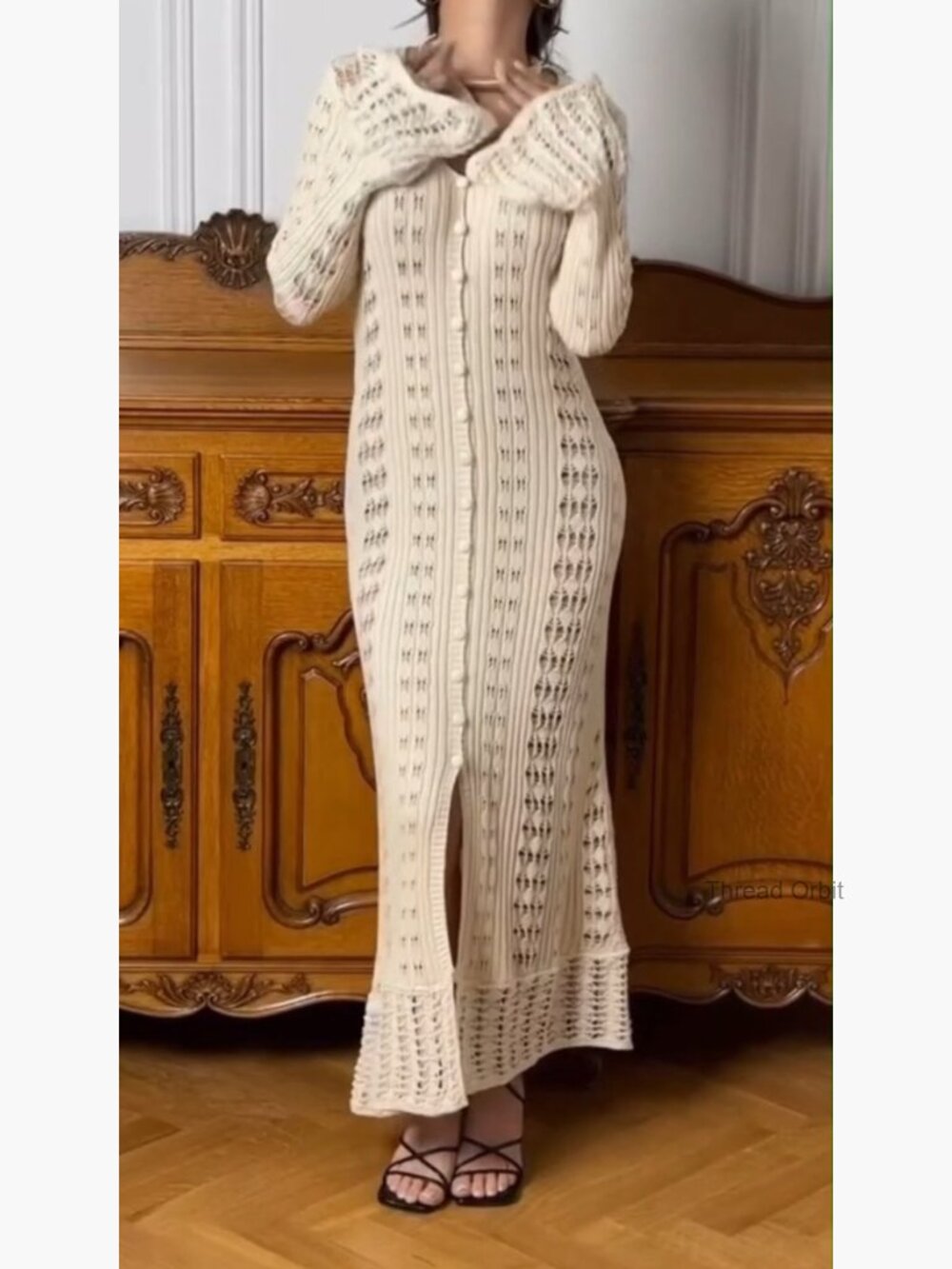Long Cardigan Sweater Crochet Hollow Out Duster Cover Up Maxi Dress - Picture 7 of 7